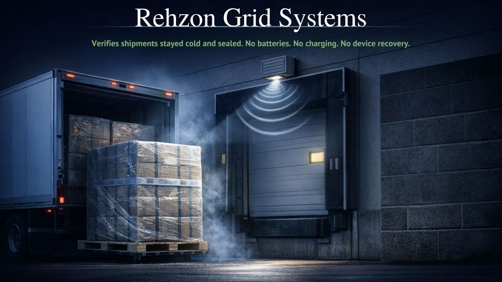 A cold-chain delivery truck at a loading dock at night, with a wireless scanner interrogating a wrapped pallet — illustrating Rehzon Grid Systems battery-free verification at custody transfer.